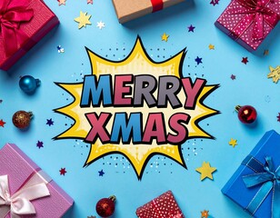 Merry Xmas text in a playful blue comic style, featuring bold outlines, dynamic curves and a fun graphic look. The design captures a cheerful holiday mood, perfect for Christmas marketing materials, f