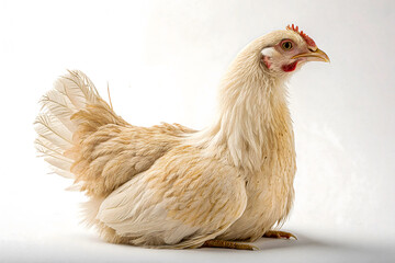 Elegant Feathered Hen: Capturing the simple beauty of a hen. The bird is elegant and charming, with its fluffy feathers and curious gaze. A close-up portrait of this hen in the studio.