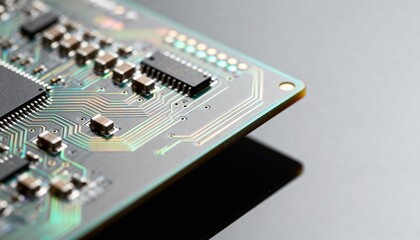 Close-up of a printed circuit board corner showing microchips, surface-mount components and intricate conductive traces on a reflective surface.