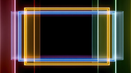 Abstract rectangular transparent frame with glowing neon effect, overlapping lines, and vibrant colors on black background