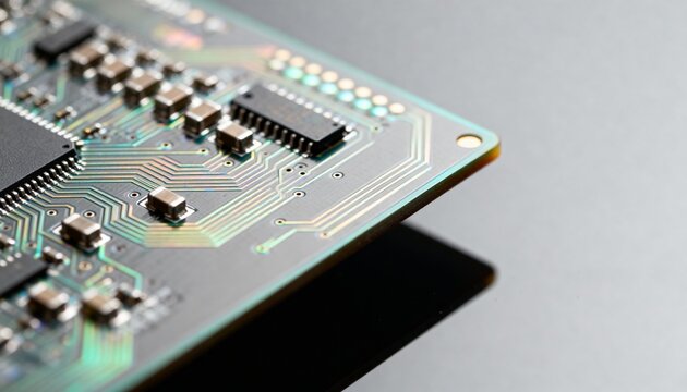 Close-up of a printed circuit board corner showing microchips, surface-mount components and intricate conductive traces on a reflective surface.