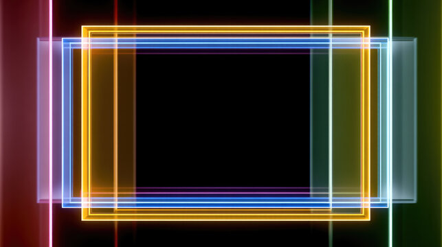 Abstract rectangular transparent frame with glowing neon effect, overlapping lines, and vibrant colors on black background - Powered by Adobe