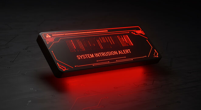 Red neon alert on dark futuristic device warning system intrusion