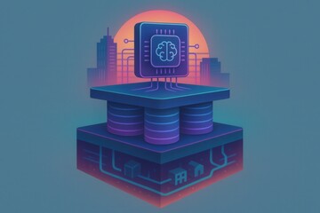 Digital neural network architecture showcasing a microchip surrounded by urban skyline elements symbolizing technological advancement and artificial intelligence innovation landscape
