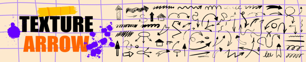 Colorful y2k arrows drawn with crayon texture. Bold y2k scrapbook details make this arrow collection perfect for scrapbook art.