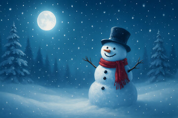 Snowman standing in a snowy landscape under a bright moon at nighttime