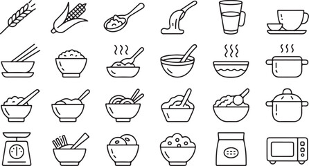 Black line food icons showcase cereal, corn, bowls, spoons, scales, pots, and microwave on transparent background
