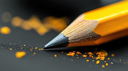 Close-up of a yellow pencil tip writing on a dark surface, with pencil shavings scattered around. Macro photography.