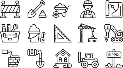 Construction tools and equipment outline icons showcase construction site necessities on a transparent background