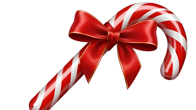 Festive candy cane with red ribbon bow on a dark background