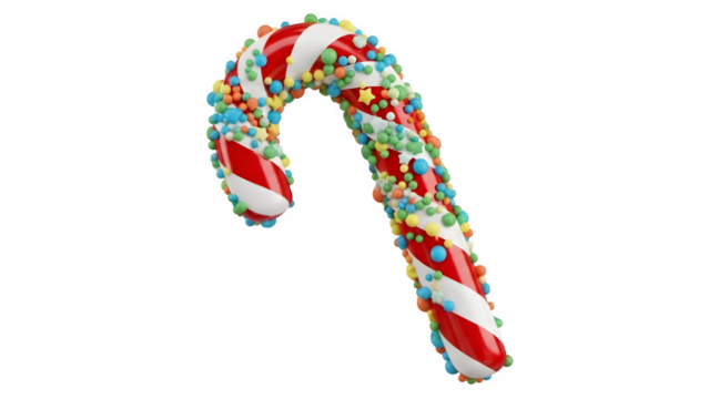 Festive candy cane decorated with colorful sprinkles on a black background
