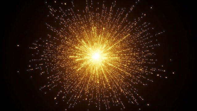 Brilliant golden light burst explosion with sparkling particle effect radiating from a bright center against a dark background