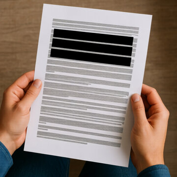 Hands holding a redacted document representing censorship and information suppression
