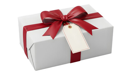 Fototapeta premium White gift box with red ribbon and bow on black background