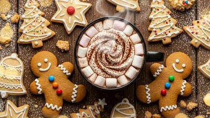 Christmas cookies and hot chocolate on wood table 4K HD video - Powered by Adobe
