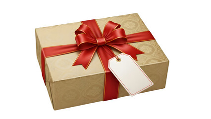 Obraz premium Elegant gift box with red ribbon and blank tag on black background