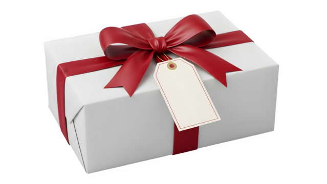 White gift box with red ribbon and bow on black background