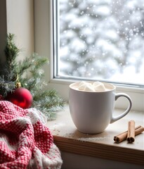 Winter Holiday Mug of Hot Chocolate with Marshmallows and Festive Decor 