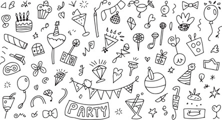 Fototapeta premium Hand drawn sketch showing party related objects like cake, gifts, balloons, and glasses on transparent background