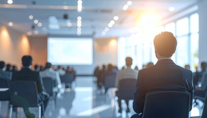Fototapeta premium Audience at a Business Conference or Seminar, Rear View of Attendees in a Modern Convention Hall.