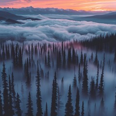 Obraz premium Breathtaking misty forest landscape with snow capped mountains at vibrant sunset