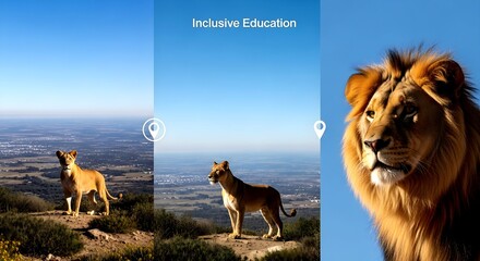 Lioness on Hilltop Overlooking Landscape with "Inclusive Educati
