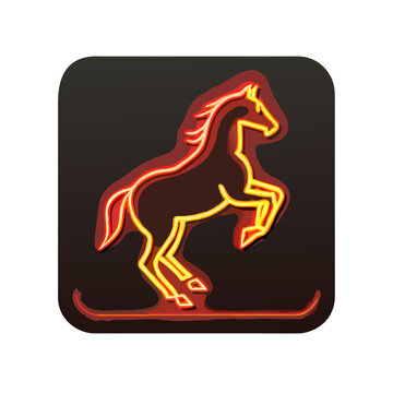 Glowing neon red horse icon on dark square background