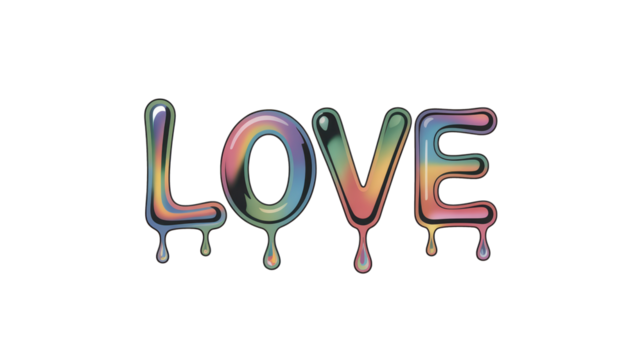 Colorful love text design with dripping letters and a vibrant rainbow effect