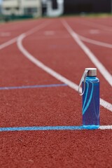 Blue sports bottle on running track