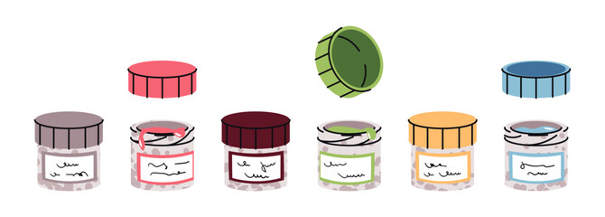 Gouache Paint Set in Jars. Open and Closed Containers, Flat Design on White Background. Vibrant Artist Colors for School Projects and Hobby Painting. Ideal for Art Supply Branding, Education Content