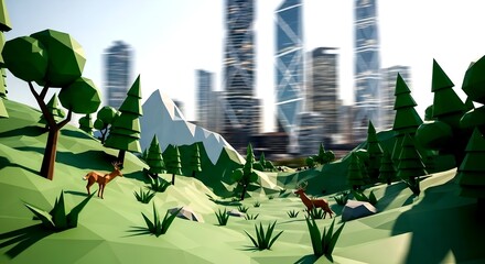 Low-Poly Deer in a Mountainous Landscape with Blurred City Backd