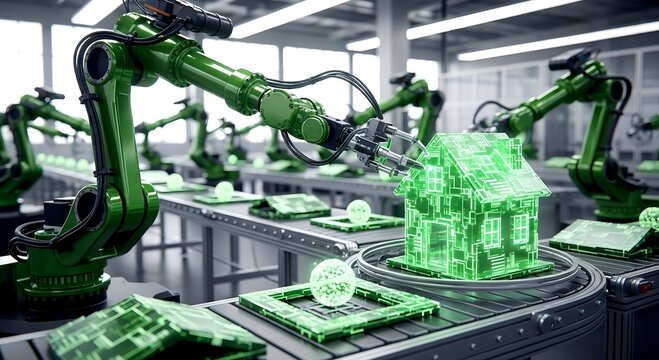 Automated green robotic arms assembling a glowing house on a con