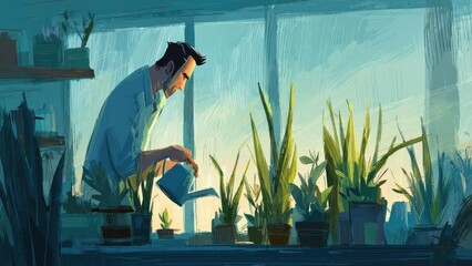 A man waters potted plants in a sunlit greenhouse, surrounded by tall leafy plants on a shelf. Concept Greenhouse gardening, Plant care, Sunlit foliage, Male gardener, Tall leafy plants