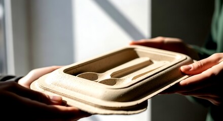 Hands Holding Eco-Friendly Food Container with Spoons, Lit by Su