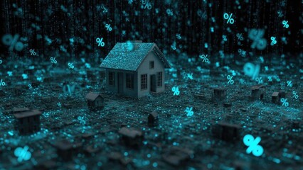 Miniature houses on a glowing blue digital landscape with floating percentage signs, representing mortgages and interest rates. Concept Miniature houses on a glowing blue digital landscape
