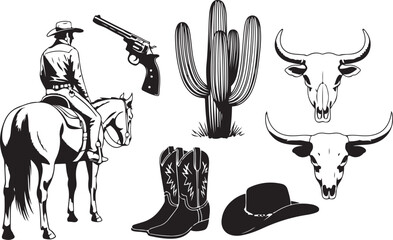 Silhouette of cowboy riding horse stands beside icons like cactus and bull skulls