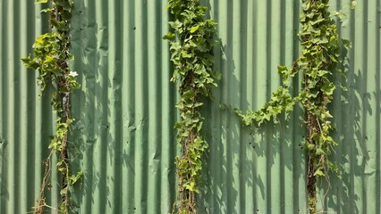 Vibrant green climbing vines on a green corrugated metal wall. The wall has a grooved texture and signs of use, contrasting nature and industry.