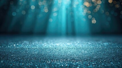 Glittery turquoise surface with tiny sparkles and soft blue bokeh lights in the background. Concept Glittery turquoise surface, Tiny sparkles, Soft blue bokeh background, Shimmering texture