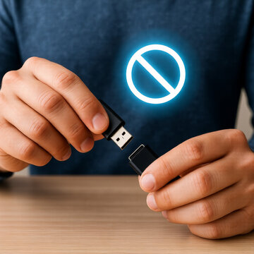 Hands holding broken USB with restriction symbol representing data loss or content access prohibition