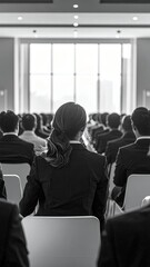 Fototapeta premium Audience attentively listening to a speaker at a professional conference or seminar, viewed from behind, in a large, well-lit hall.