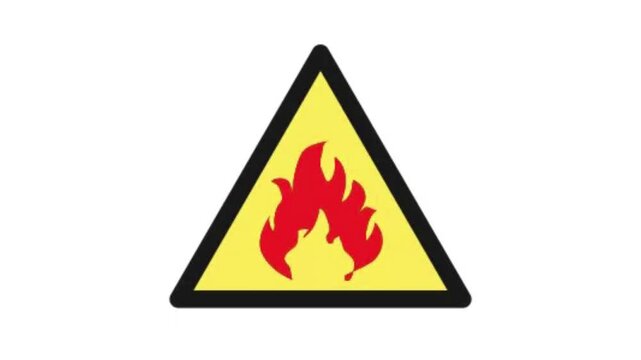 Flammable warning sign flashing to alert of fire danger and caution.  Animated fire hazard warning sign