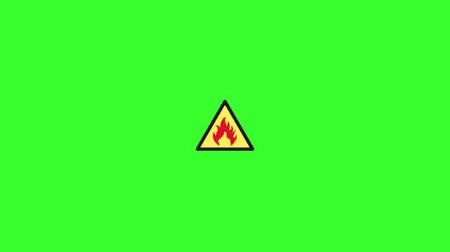 Flammable warning sign flashing to alert of fire danger and caution.  Animated fire hazard warning sign