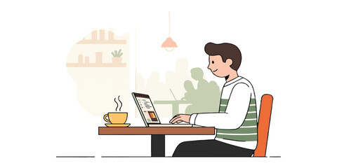 Cartoon vector illustration of a woman doctor sitting at an office desk working on a computer laptop