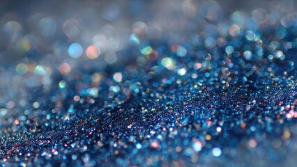 Close-up of blue glitter particles sparkling with multicolored bokeh lights. Concept Blue glitter close-up, Sparkling glitter particles, Multicolored bokeh lights, Macro photography