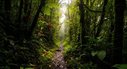 Fototapeta premium Lush rainforest jungle path nature green trees plants foliage scenic environment light travel