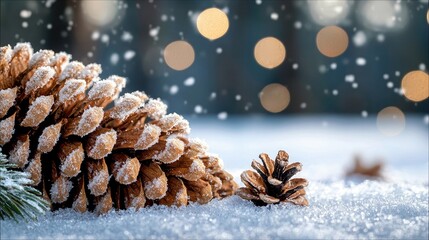 Close-up of pine cones covered in snow, with bokeh lights in the background, creating a winter scene.