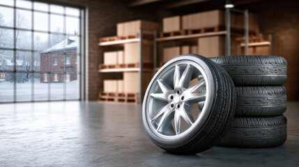 Winter tire with silver alloy wheel in warehouse, stack of four tires, automotive storage, industrial background, cold season, safety