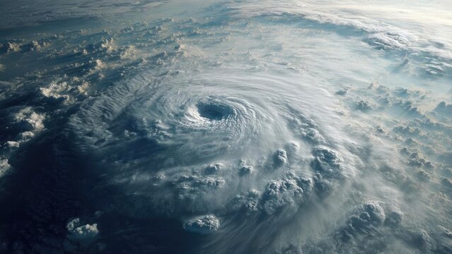 Satellite image of a hurricane over the ocean, showing a distinct eye and spiraling rainbands. Concept Hurricane Satellite Imagery, Eye of the Storm, Spiral Rainbands, Ocean Weather Patterns