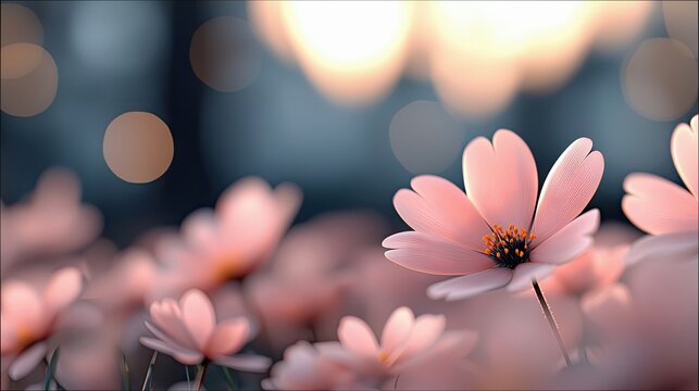 Close-up of pink cosmos flowers in a field, with soft bokeh background and warm lighting.