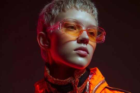 Young woman posing in stylish orange jacket reflecting red and orange neon colors